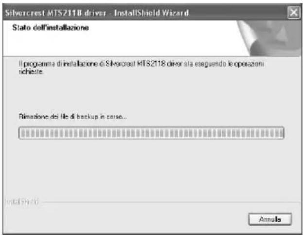 Silvercrest MTS2118 driver - InstallShield Wizard Stato dell'installazione Il programma di installazione di Silvercrest MTS2118 driver sta eseguendo le operazioni schieste. Rimozione dei file di backup in corso... InstallShield Annula