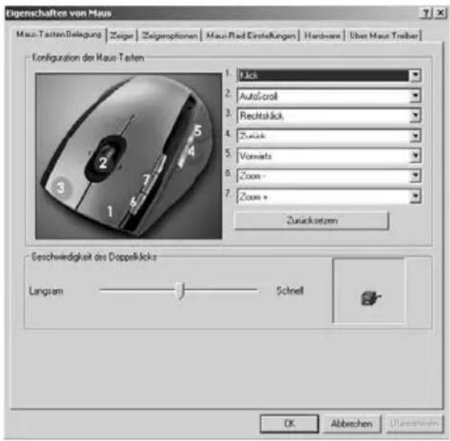 Eigenschaften von Maus Maus-Tatten/Belegung | Zeige | Zeigenvotionen | Maus-Flad Einstellungen | Hardware | Über Maus Treiber | Configuration der Maus-Tatten Nick AutoScroll Rechtsblick Zurück Vorrats Zoom - Zoom + Zurücksetzen Geschwindigkeit des Doppelklicks Langtem Schnell OK Abbrechen Überleihem
