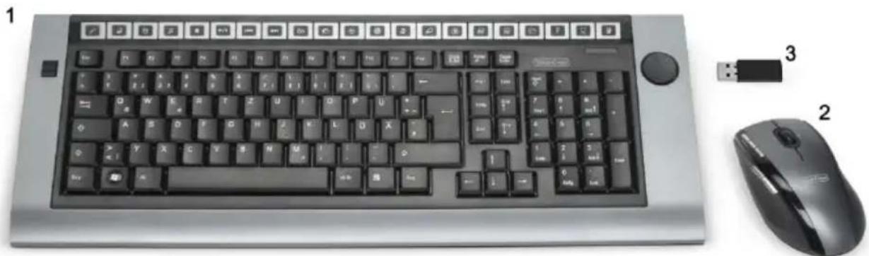 Black-and-white photo of a desktop computer keyboard with a mouse, showing keyframe and front panel views (no text or symbols on the main body)