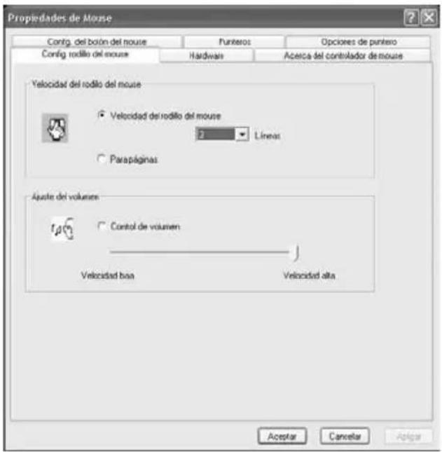 Propietades de Mouse Config. del botón del mouse Punteros Opciones de puntero Config. rodillo del mouse Hardware Acerca del controlador de mouse Velocidad del rodillo del mouse Velocidad del rodillo del mouse 0 Líneas Parapáginas Ajuste del volumen Control de volumen Velocidad bajo Velocidad alta Ac…
