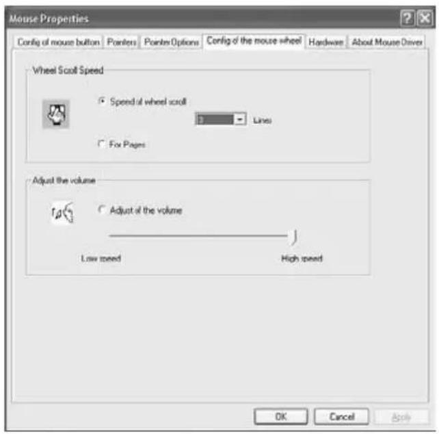 Mouse Properties Config of mouse button Pointers Pointen Options Config of the mouse wheel Hardware About Mouse Driver Wheel Scroll Speed Spend of wheel scroll Lines For Pages Adjust the volume Adjust of the volume Low speed High speed OK Cancel Apply