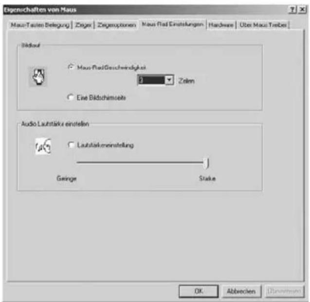 Eigenchaften von Maus Mau-Tasteln Belegung | Zeger | Zegenvoptionen | Maus Rad Einstellungen | Hardware | Über Maus Treiber Bildlauf ● Maus RadGeschwindigkeit 8 Zeln ○ Eine Bildschemsete Audio Lautstärke einstellen ● Lautstärkemeinstellung Gringe Stake OK Abwecken Übrueiten