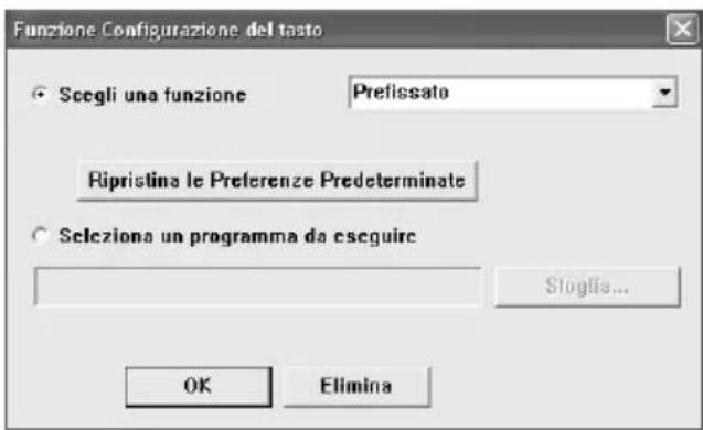 Funzione Configurazione del tasto Scegli una funzione Prefissato Ripristina le Preferenze Predeterminate Seleziona un programma da eseguire Stoglia... OK Elimina