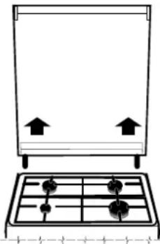 Simple line drawing of a front-mounted appliance with four wheels and two upward arrows, no text or symbols present.