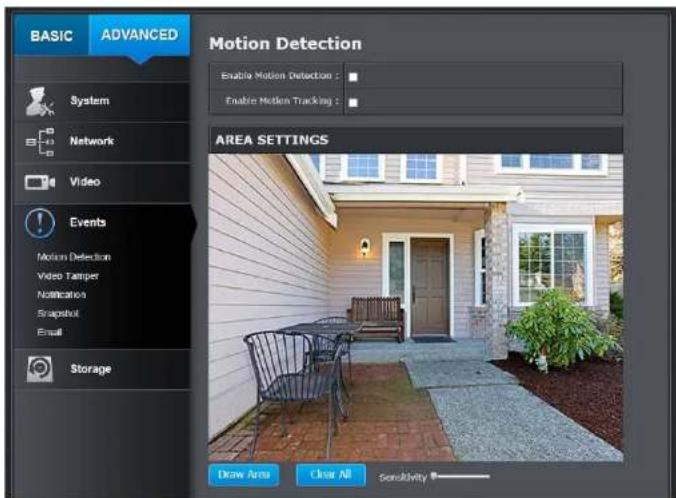 BASIC ADVANCED Motion Detection Enable Motion Detection : Enable Motion Tracking : AREA SETTINGS Draw Area Clear All Sensitivity
