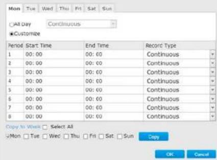 All Day Continuous Customize Period Start Time End Time Record Type 1 00:00 00:00 Continuous 2 00:00 00:00 Continuous 3 00:00 00:00 Continuous 4 00:00 00:00 Continuous 5 00:00 00:00 Continuous 6 00:00 00:00 Continuous 7 00:00 00:00 Continuous 8 00:00 00:00 Continuous Copy to Weeks Select All Mon Tue…