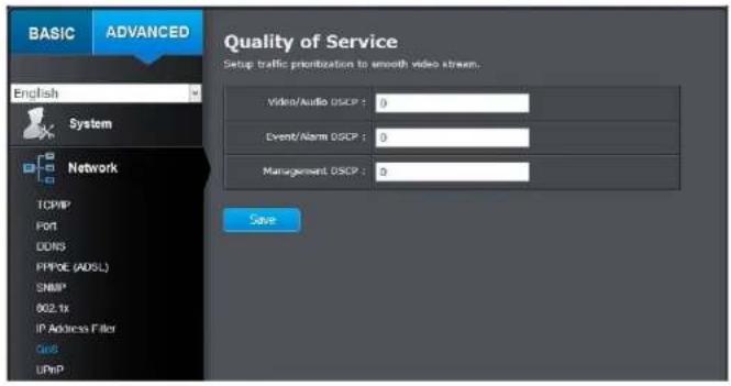 BASIC ADVANCED English System Network TCP/IP PORT DDNS PPPOE (ADSL) SNIP* 802.1x IP Address Filter QQ# UPnP Quality of Service Setup traffic prioritization to smooth video streams. Video/Audio OSCP : 0 Event/Alarm OSCP : 0 Management OSCP : 0 Save