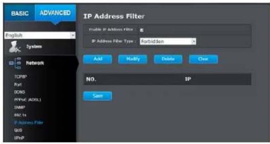 BASIC ADVANCED English System Network TCP/IP Port DNS PPVSC (ADSL) SNMP RCC TS IP Address Filter QOS SPVP IP Address Filter IP Address Filter Type: Forbidden Add Modify Delete Close NO. IP Save