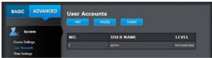 BASIC ADVANCED User Accounts Add Modify Delete System Device Settings User Accounts Time Settings NO. USER NAME LEVEL 1 admin Administrator