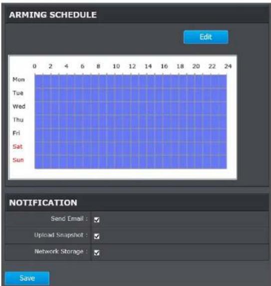 ARMING SCHEDULE Edit Mon Tue Wed Thu Fri Sat Sun 0 2 4 6 8 10 12 14 16 18 20 22 24 NOTIFICATION Send Email : ✓ Upload Snapshot : ✓ Network Storage : ✓ Save