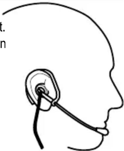 Line drawing of a human head profile with a headset inserted, no text or symbols present