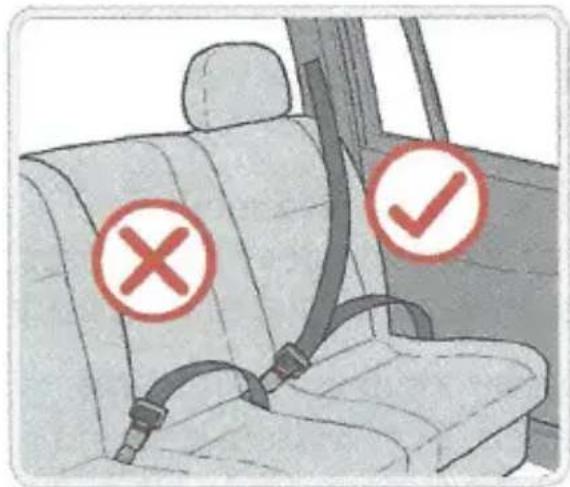 Diagram showing car seatbelt with red X and ✓ symbols indicating absence or check, likely for safety or inspection instructions.