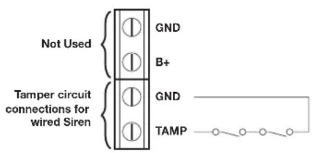 Not Used GND B+ Tamper circuit connections for wired Siren GND TAMP