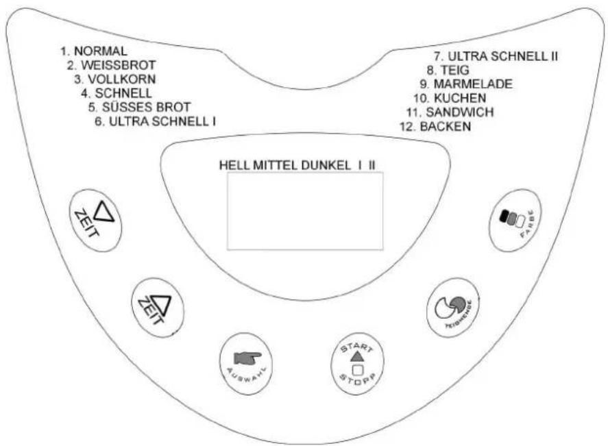1. NORMAL 2. WEISSBROT 3. VOLLKORN 4. SCHNELL 5. SÜSSES BROT 6. ULTRA SCHNELL I 7. ULTRA SCHNELL II 8. TEIG 9. MARMELADE 10. KUCHEN 11. SANDWICH 12. BACKEN HELL MITTEL DUNKEL I II ZEIT TUSKAWL START STOPP