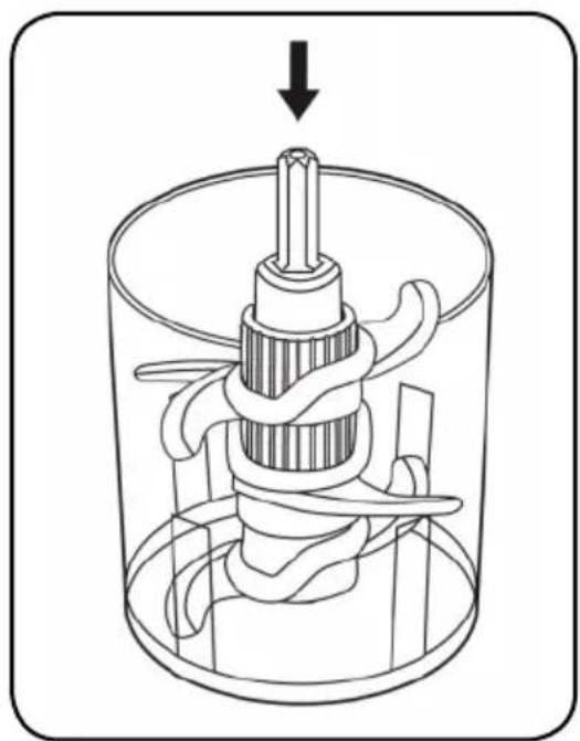 Cross-sectional diagram of a mechanical device inside a cylindrical housing, showing internal components and a downward arrow indicating motion (no text or symbols)