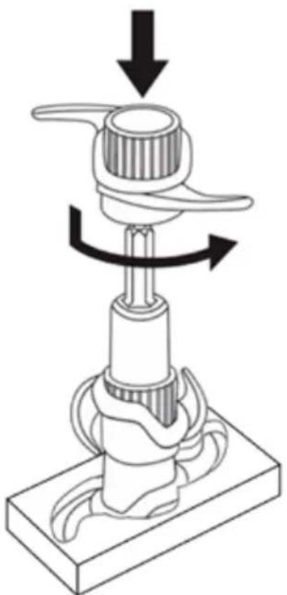 Mechanical assembly diagram showing a rotating component with directional arrows indicating motion (no text or symbols)