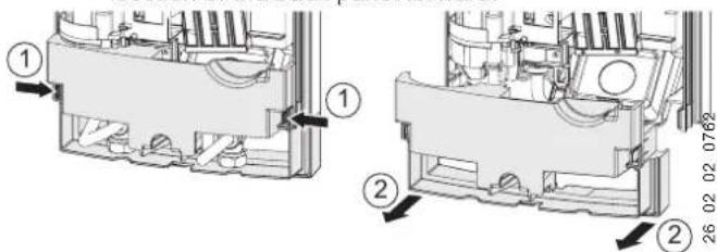 Technical diagram showing mechanical assembly steps with numbered annotations and directional arrows indicating process flow.