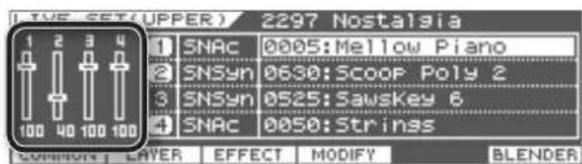 TUE SET(UPPER) 2297 Nostalsia 1 2 3 4 SNAC 0005:Mellow Piano SNSyn 0630:SCOOP Poly 2 SNSyn 0525:Sawskey 6 SNAC 0050:Strings COMMON LAYER EFFECT MODIFY BLENDER