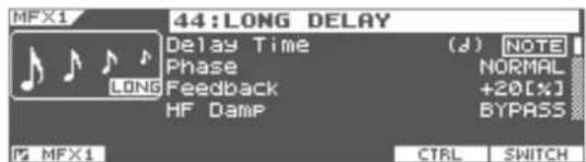 44: LONG DELAY Delay Time (J) NOTE Phase NORMAL Feedback +20(%) MF DAMP BYPASS MFX1 CTRL SWITCH