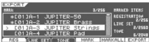 EXPORT MARK 3/256 *[01]A-1 JUPITER-50 *[01]A-2 JUPITER Brass >[01]A-3 JUPITER Strings [01]A-4 JUPITER Pad REG LIVE SET:TONE TMARK MARKALL EXPORT HARDED ITEMS REGISTRATION 2/256 LIVE SET 2/256D TONE 6/2048