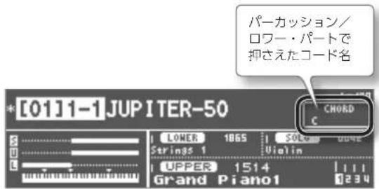パーカッション/ ロワー・パートで 押されたコード名 *[01]1-1 JUPITER-50 LOWER 1865 | SOLG 004E Strings 1 | Violin UPPER 1514 | 111 Grand Piano1 1234