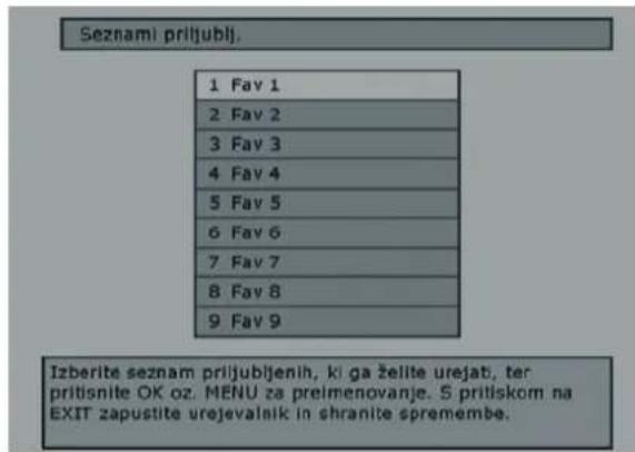Seznami prljublj, 1 Fav 1 2 Fav 2 3 Fav 3 4 Fav 4 5 Fav 5 6 Fav 6 7 Fav 7 8 Fav 8 9 Fav 9 Izberite seznam prljubljenih, ki ga želite urejab, ter pritisnite OK oz. MENU za prelmenovanje. S pritiskom na EXIT zapustite urejevalnik in shranite spremembe.