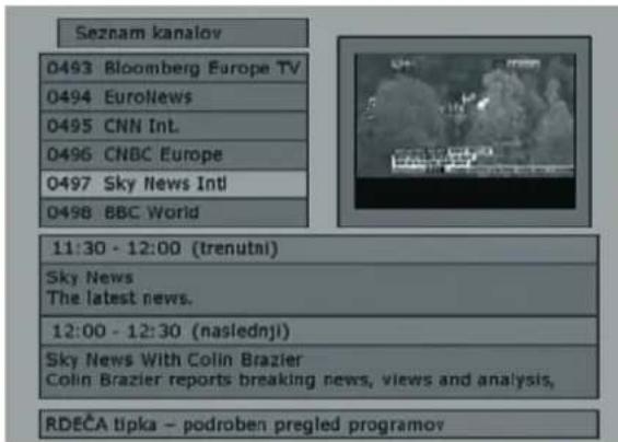 Seznam kanalov 0493 Bloomberg Europe TV 0494 EurolNews 0495 CNN Int. 0496 CNBC Europe 0497 Sky News Intl 0498 BBC World 11:30 - 12:00 (trenutni) Sky News The latest news. 12:00 - 12:30 (naslednji) Sky News With Colin Brazier Colin Brazier reports breaking news, views and analysis, RDEČA tipka – podroben pregled programov