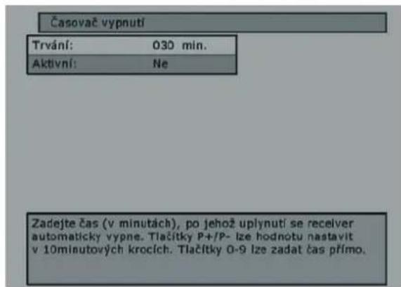 Časovač vypnutí Trvání: 030 min. Aktivní: Ne Zadejte čas (v minutách), po jehož uplynutí se receiver automaticky vypne. Tlačitky P+/P- lze hodnotu nastavit v 10minutových krocích. Tlačitky 0-9 lze zadat čas přímo.