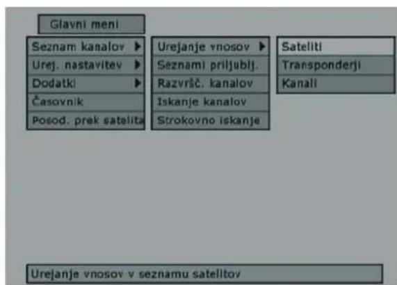 Glavni meni Seznam kanalov ▶ Urej. nastavitev ▶ Dodatki ▶ Časovnik Posod. prek satelita Urejanje vnosov ▶ Seznami priljublj. Razvršč. kanalov Iskanje kanalov Strokovno iskanje Satelliti Transponderji Kanali Urejanje vnosov v seznamu satellitov