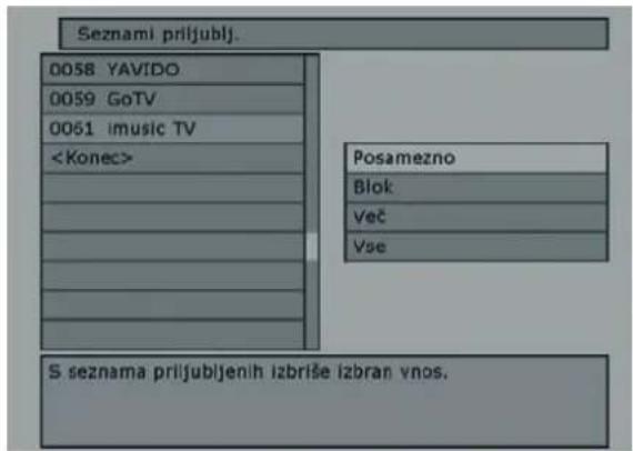 Seznami priljublj. 0058 YAVIDO 0059 GoTV 0061 imusic TV Posamezno Blok Več Vse S. seznama priljubljenih izbriše izbran vnos.