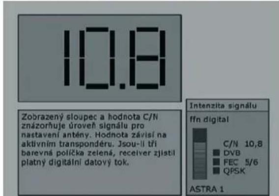 10.8 Zobrazený sloupec a hodnota C/N znázorňuje úroveň signálu pro nastavení antény. Hodnota závisí na aktivním transpondéru. Jsou-li tři barevná políčka zelená, receiver zjistí platný digitální datový tok. Intenzita signálu ffn digital C/N 10,8 ■ DVB ■ FEC 5/6 ■ QPSK ASTRA 1