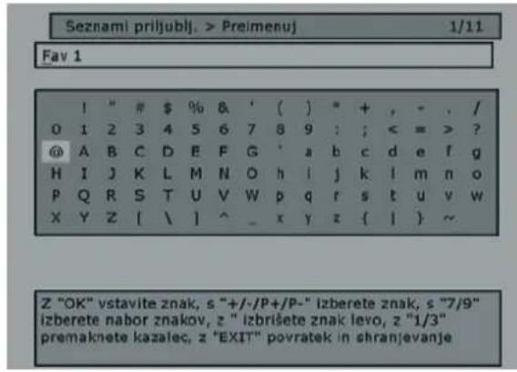 Seznami priljublj. > Preimenuj 1/11 Fav 1 ! " # $ % & ' ( ) * + , - . / 0 1 2 3 4 5 6 7 8 9 : ; < = > ? @ A B C D E F G ' a b c d e f g H I J K L M N O h l j k l m n o P Q R S T U V W p q r s t u v w X Y Z [ \ ] ^ _ x y z { | } ~ Z "OK" vstavite znak, s "+/-/P+/P-" izberete znak, s "7/9" izberete nabor znakov, z " izbrišete znak levo, z "1/3" premaknete kazalec, z "EXIT" povratek in shranjevanje