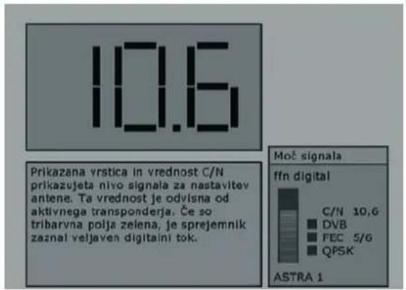 10.6 Prikazana vrstica in vrednost C/N prikazujeta nivo signala za nastavitev antene. Ta vrednost je odvisna od aktivnega transponderja. Če so tribaryna polja zelena, je sprejemnik zaznal veljaven digitaini tok. Moč signala ffn digital C/N 10,6 ■ DVB ■ FEC 5/6 ■ QPSK ASTRA 1