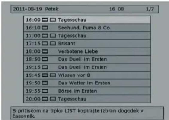2011-08-19 Petek 16 08 1/7 16:00 □ Tagesschau 16:10 □ Seehund, Puma & Co. 17:00 □ Tagesschau 17:15 □ Brisant 18:00 □ Verbotene Liebe 18:50 □ Das Duell Im Ersten 19:15 □ Das Duell Im Ersten 19:45 □ Wissen vor 8 19:50 □ Das Wetter Im Ersten 19:55 □ Börse im Ersten 20:00 □ Tagesschau S pritiskom na tipko LIST kopirajte izbran dogodek v časovnik.