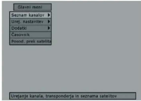 Glavni meni Seznam kanalov ▶ Urej. nastavitev ▶ Dodatki ▶ Časovnik Posod. prek satelita Urejanje kanala, transponderja in seznama satelitov