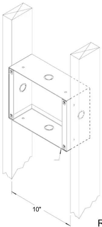 Isometric technical drawing of a rectangular metal enclosure with mounting holes and a 10-inch base (no text or symbols)