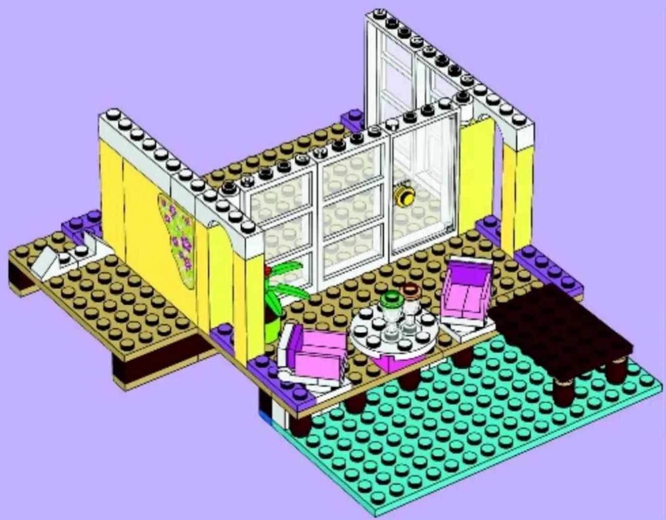 3D architectural cutaway diagram of a building with yellow walls, green doors, and teal base (no text or symbols)