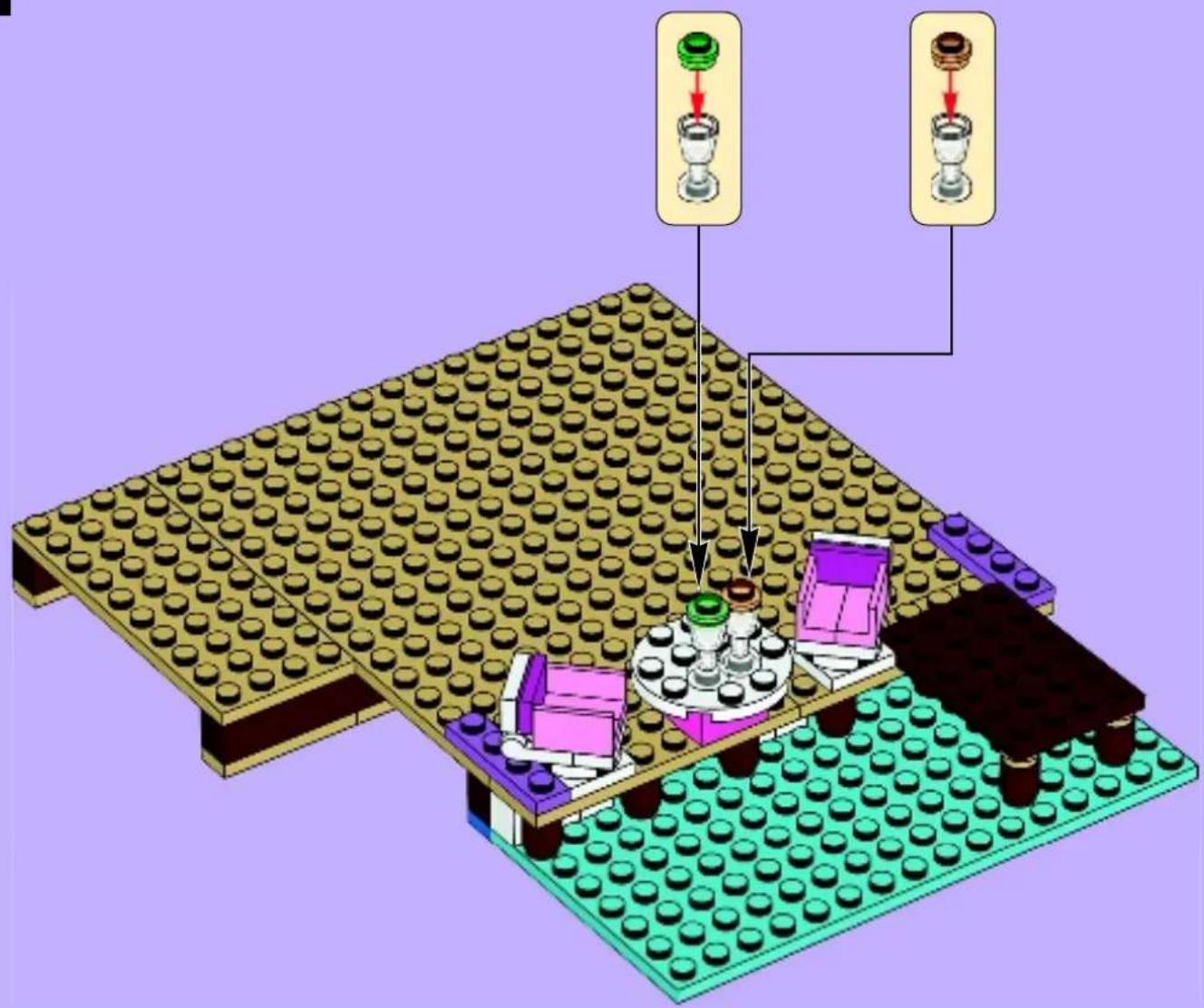 Lego diagram illustrating a mechanical assembly with labeled components and directional arrows indicating motion or assembly.