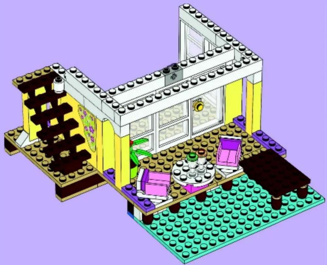 3D architectural model of a house with LEGO brickwork and living room (no text or symbols visible)