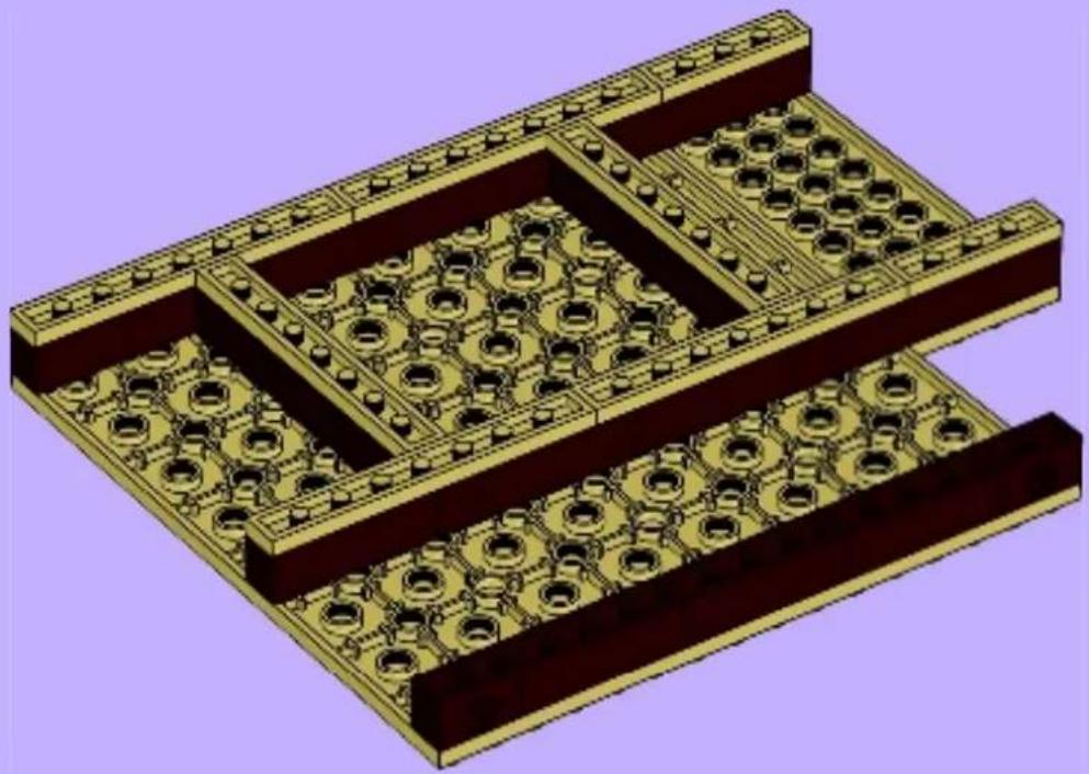 3D architectural diagram of a multi-level building structure with grid patterns and circular components (no text or symbols)
