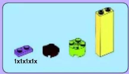 Four LEGO-shaped blocks in different colors (purple, black, green, yellow) arranged horizontally on a light blue background (no text or symbols)