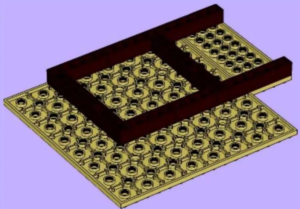 3D rendering of a microplate with grid pattern and mounting holes (no text or symbols)