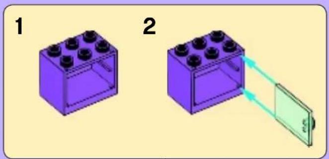 Two 3D diagrams showing a purple LEGO base with black top caps, and an open panel with arrows indicating a process (no text or symbols)