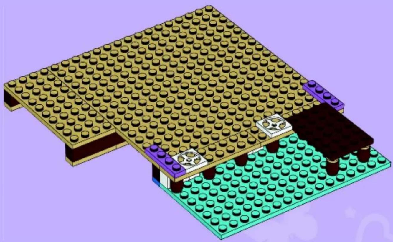 3D architectural diagram of a LEGO structure with a yellow brick base and teal base, showing no text or symbols.