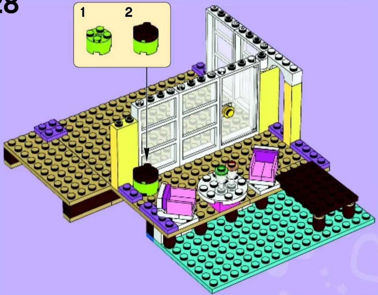 Lego assembly diagram showing two components with numbered parts and a highlighted interior space
