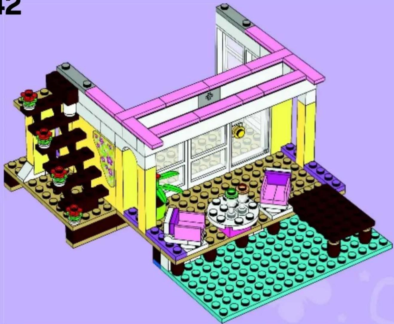 Isometric view of a LEGO-style house with pink roof, yellow walls, and greenery (no text or symbols)