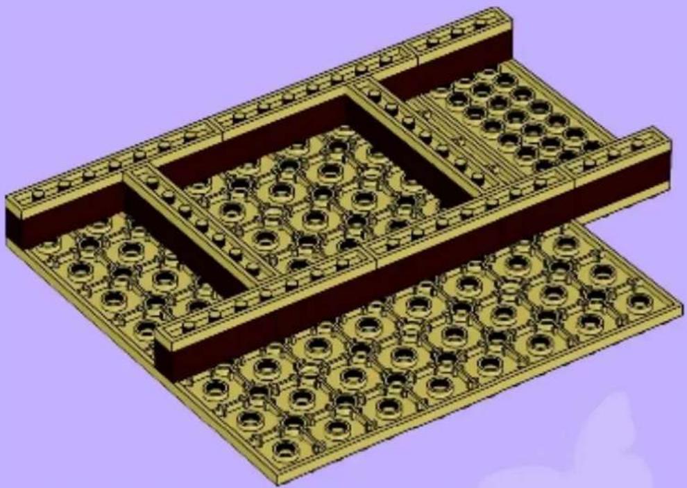 3D architectural model of a multi-level building structure with circular components and horizontal beams (no text or symbols)