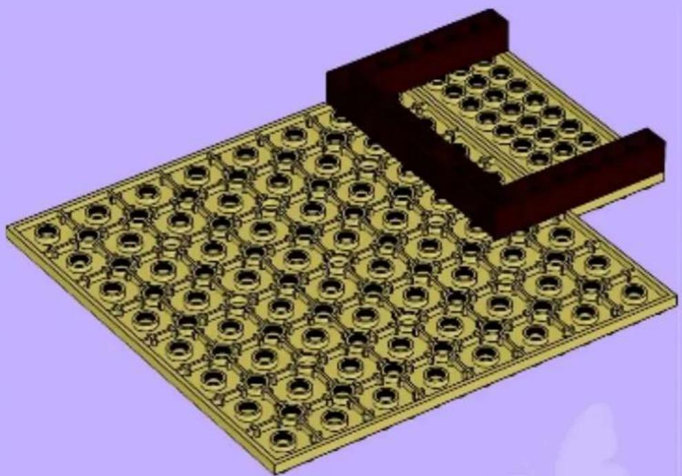 3D rendering of a grid-patterned metal plate with two dark rectangular blocks attached (no text or symbols)
