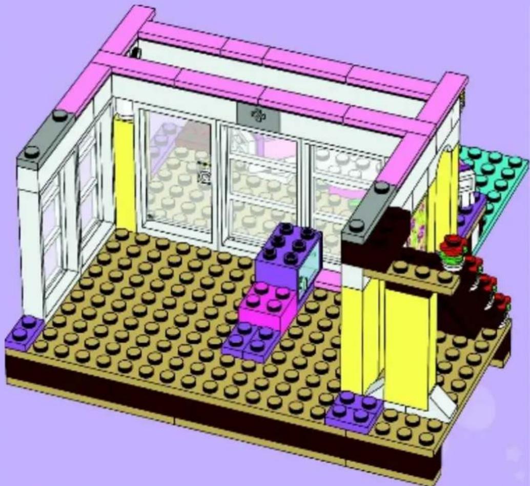 3D architectural model of a LEGO building with visible walls, legs, and interior features (no text or symbols)