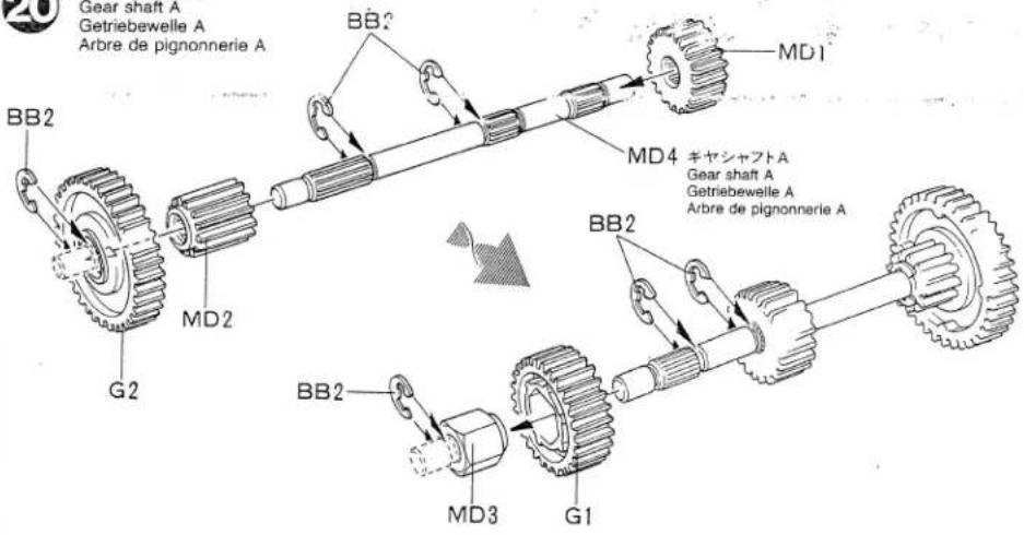 Gear shaft A Getriebewelle A Arbre de pignonnerie A BB2 MD2 G2 BB2 MD3 G1 BB2 MD4 キヤシャフトA Gear shaft A Getriebewelle A Arbre de pignonnerie A BB2